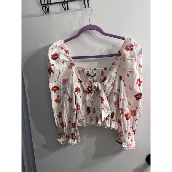 NWT Zara Linen Blend Floral Print Ruched Cream Print Blouse xs - Picture 7 of 12